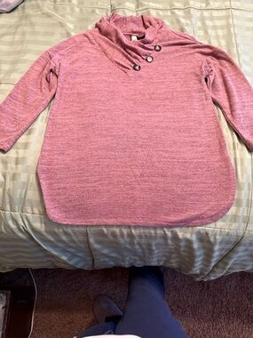 Rose Button-Shoulder Funnel Neck Pullover